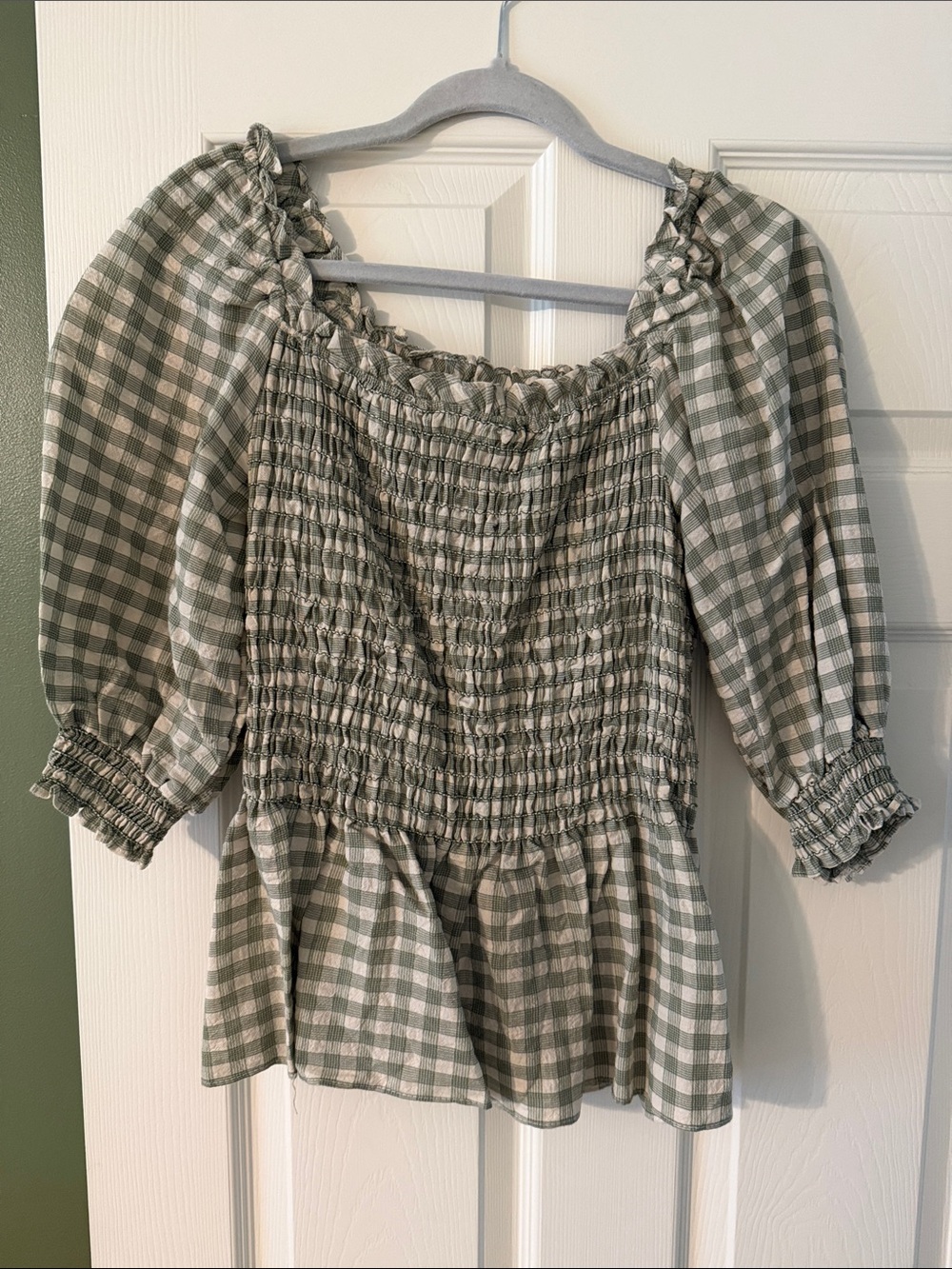 Smocked Gingham Off-Shoulder Top - Sage/White